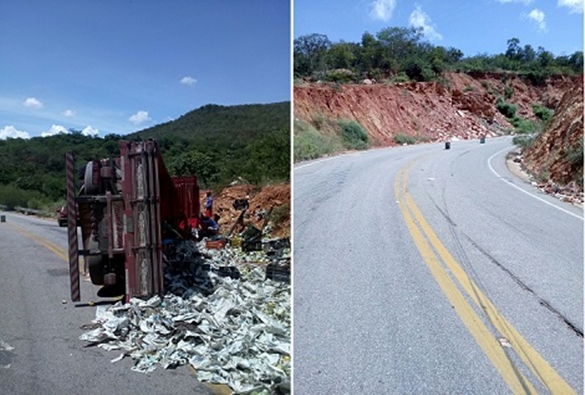 Caminhão carregado com manga tomba na serra de Marcolino Moura