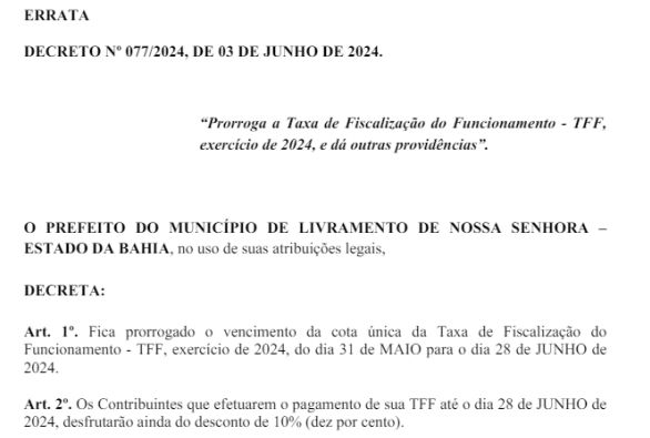 Errata publicada no Diário Oficial do Município corrige decreto incorreto sobre a TFF em Livramento
